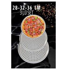Delikli Pizza Lahmacun Tepsisi Çelik 28-32-36 CM 3 lü SET