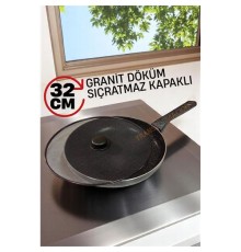 Granit Döküm Tava Yağ Sıçratmaz Kapaklı -Yapışmaz Taban 32 Cm
