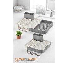 Açılır-Kapanır Bulaşıklık - Bulaşık Durulama Sepeti Tabaklık Bulaşık Kurutmalık GRİ