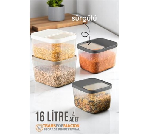Erzak Bakliyat Kutusu Sürgülü Kapak Saklama Kabı 16 Litre 4 ADET Erzak Bakliyat Kutusu Sürgülü Kapak Saklama Kabı 16 Litre 4 ADET