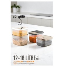 Erzak Bakliyat Kutusu Sürgülü Kapak Saklama Kabı 12 ve 16 Litre 4 lü