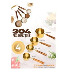 4 lü Ölçü Kabı 304 Paslanmaz Çelik Masif Ahşap Saplı