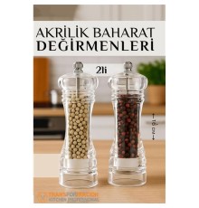 Baharat Öğütücü - Baharat Karabiber Tuz Değirmeni Ahşap Akrilik Kristal 2 li SET