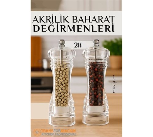 Baharat Öğütücü - Baharat Karabiber Tuz Değirmeni Ahşap Akrilik Kristal 2 li SET