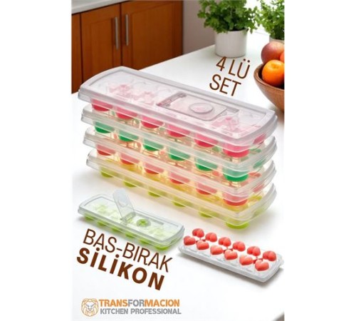 Buz Kalıbı - Bas-Bırak Kapaklı Silikon Buz Kalıbı 4 lü SET Buz Kalıbı - Bas-Bırak Kapaklı Silikon Buz Kalıbı 4 lü SET