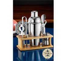 Shaker Kokteyl Set - 7 Parça 550 ML Shaker Coctail Set  Bambu Standlı
