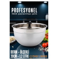Inox Ölçekli Derin Kase  - 20 Cm 1.2 Litre Karıştırma Kabı Profesyonel 304 Paslanmaz Çelik