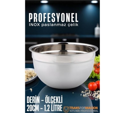 Inox Ölçekli Derin Kase - 20 Cm 1.2 Litre Karıştırma Kabı Profesyonel 304 Paslanmaz Çelik Inox Ölçekli Derin Kase - 20 Cm 1.2 Litre Karıştırma Kabı Profesyonel 304 Paslanmaz Çelik