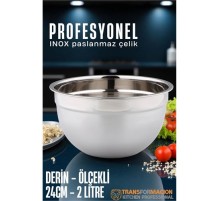 Inox Ölçekli Derin Kase  - 24 Cm 2 Litre Karıştırma Kabı Profesyonel 304 Paslanmaz Çelik
