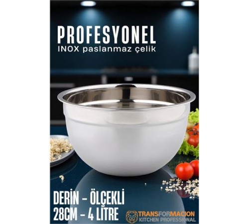 Inox Ölçekli Derin Kase - 28 Cm 4 Litre Karıştırma Kabı Profesyonel 304 Paslanmaz Çelik Inox Ölçekli Derin Kase - 28 Cm 4 Litre Karıştırma Kabı Profesyonel 304 Paslanmaz Çelik
