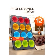 12 li Muffin Kalıbı Teflon Çelik - 12 ADET Silikon Muffi  Kalıplı SET
