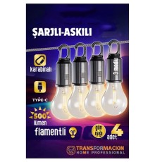 Askılı Portatif Şarjlı Askılı Ampül - 4 lü Kamp Lambası - Acil Durum Lambası