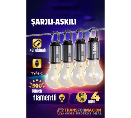 Askılı Portatif Şarjlı Askılı Ampül - 4 lü Kamp Lambası - Acil Durum Lambası Askılı Portatif Şarjlı Askılı Ampül - 4 lü Kamp Lambası - Acil Durum Lambası