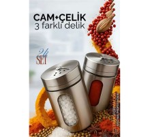Cam+Çelik Tuzluk Biberlik Karabiberlik 3 Farklı Delikli 2 li SET