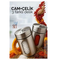 Cam+Çelik Tuzluk Biberlik Karabiberlik 3 Farklı Delikli 2 li SET