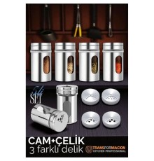 Cam+Çelik Tuzluk Biberlik Karabiberlik 3 Farklı Delikli 5 li SET