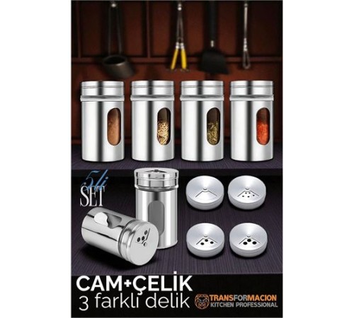 Cam+Çelik Tuzluk Biberlik Karabiberlik 3 Farklı Delikli 5 li SET