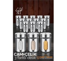 Cam+Çelik Tuzluk Biberlik Karabiberlik 3 Farklı Delikli 12 li SET