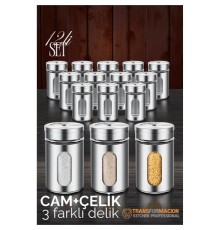 Cam+Çelik Tuzluk Biberlik Karabiberlik 3 Farklı Delikli 12 li SET