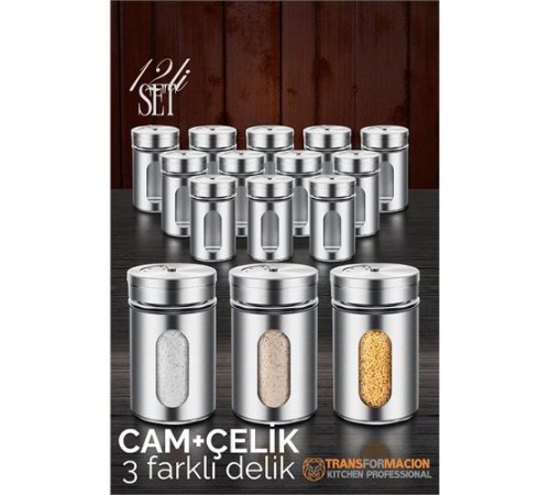 Cam+Çelik Tuzluk Biberlik Karabiberlik 3 Farklı Delikli 12 li SET