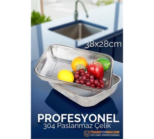 Büyük 38X28 CM Kevgir - Profesyonel Süzgeç 304 Paslanmaz Çelik