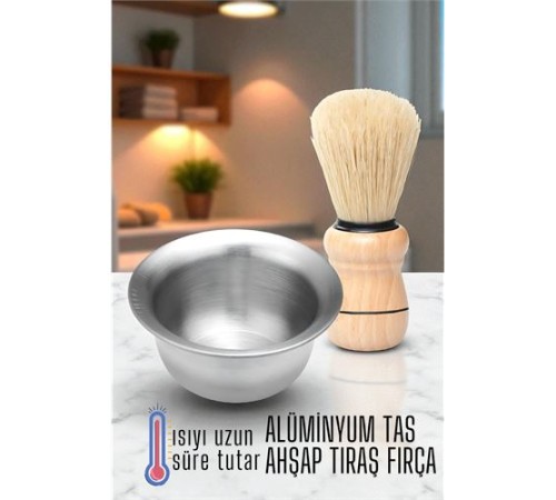 Alüminyum Tıraş Tası Ahşap Tıraş Fırçası Seti - Alüminyum Tıraş Tası Ahşap Tıraş Fırçası Seti -
