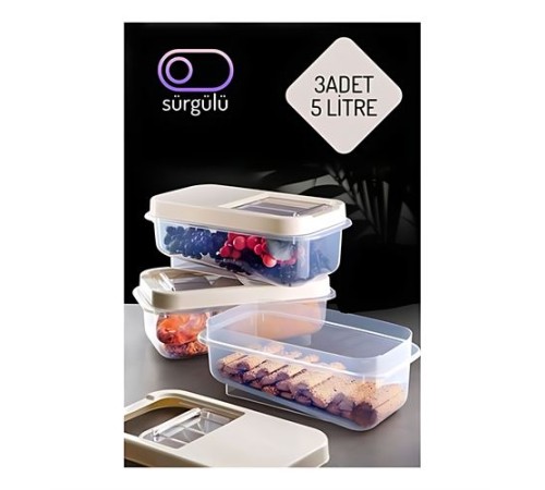Erzak Bakliyat Saklama Kabı 3 lü Set 5 Lt Krem