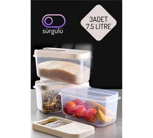 Erzak Bakliyat Saklama Kabı 3 lü Set 7.5 Lt Krem