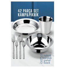 42 Parça Tabak Kase Bardak Çatla Kaşık Seti Kamp Piknik Seti