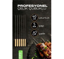 Çelik Şiş Çubuğu - Mangal Şişi Ahşap Saplı Kebap Şişi  6 Adet
