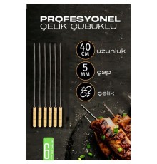 Çelik Şiş Çubuğu - Mangal Şişi Ahşap Saplı Kebap Şişi  6 Adet
