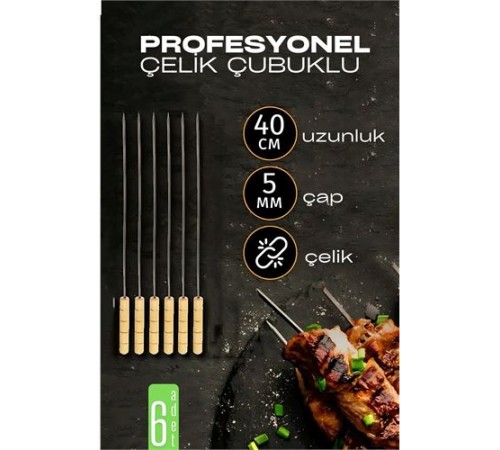 Çelik Şiş Çubuğu - Mangal Şişi Ahşap Saplı Kebap Şişi  6 Adet