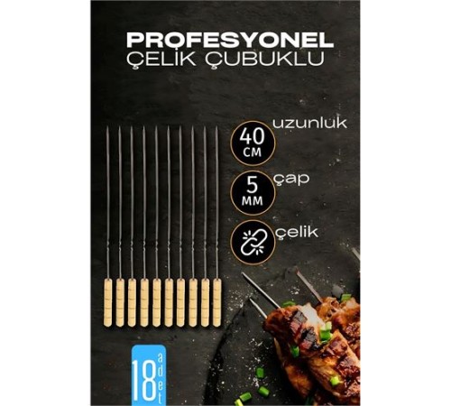 Çelik Şiş Çubuğu - Mangal Şişi Ahşap Saplı Kebap Şişi  18 Adet