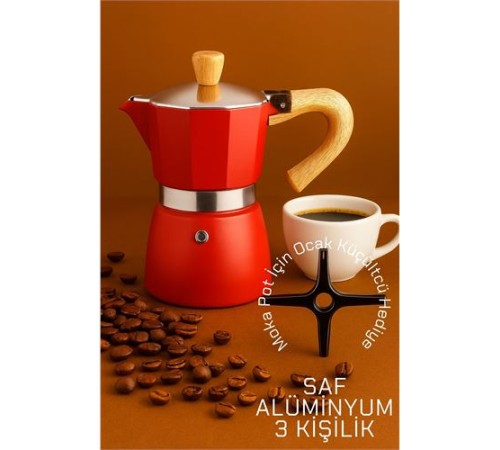 Italyan Moka Pot - 6061 Saf Alüminyum  Ahşap Saplı - 3 kişilik KIRMIZI