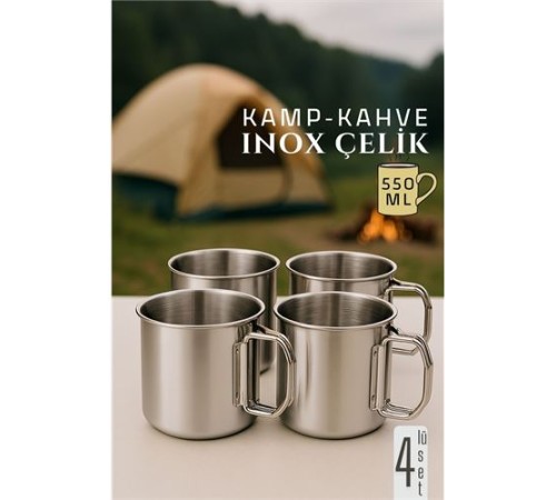 Inox Çelik Kamp Kupası - Kamp Bardağı 550 ml 4 LÜ SET