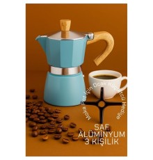 Italyan Moka Pot - 6061 Saf Alüminyum  Ahşap Saplı - 3 kişilik MAVİ
