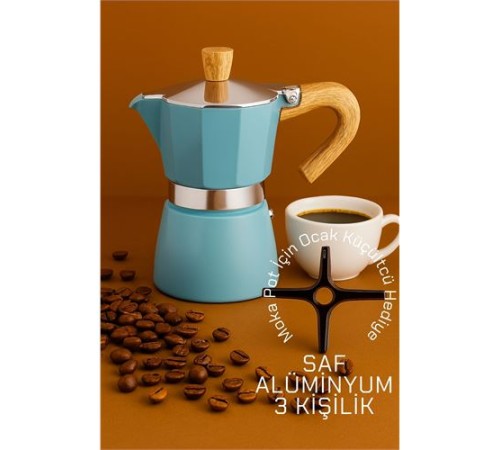 Italyan Moka Pot - 6061 Saf Alüminyum  Ahşap Saplı - 3 kişilik MAVİ