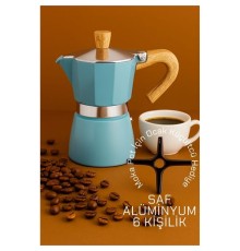 Italyan Moka Pot - 6061 Saf Alüminyum  Ahşap Saplı - 6 kişilik MAVİ
