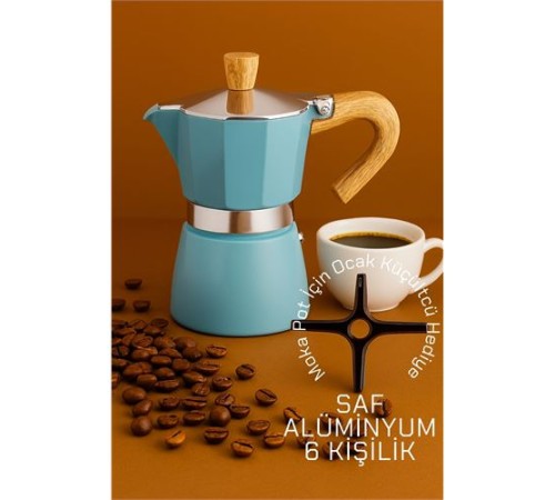 Italyan Moka Pot - 6061 Saf Alüminyum  Ahşap Saplı - 6 kişilik MAVİ