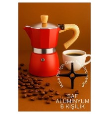 Italyan Moka Pot - 6061 Saf Alüminyum  Ahşap Saplı - 6 kişilik KIRMIZI