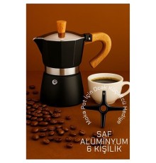 Italyan Moka Pot - 6061 Saf Alüminyum  Ahşap Saplı - 6 kişilik SİYAH