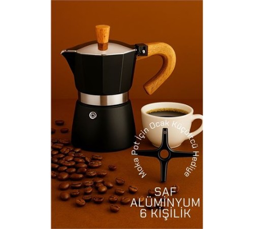 Italyan Moka Pot - 6061 Saf Alüminyum  Ahşap Saplı - 6 kişilik SİYAH