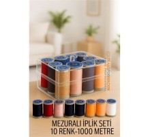 Dikiş İpliği Seti - 10 Renk 1000 Mt Kutulu Mezuralı Dikiş Seti
