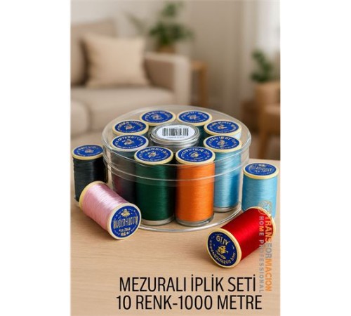 Dikiş İpliği Seti - 10 Renk 1000 Mt Kutulu Mezuralı Dikiş Seti