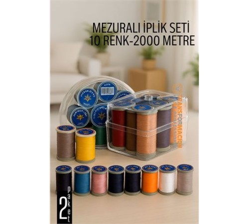Dikiş İpliği Seti - 10 Renk 2000 Mt Kutulu Mezuralı Dikiş Seti