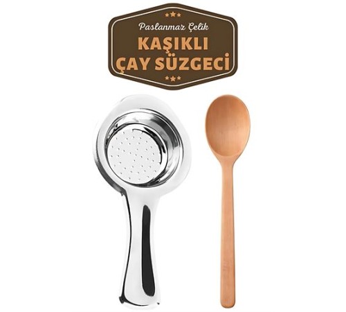 Homecare Paslanmaz Metal Çay Süzgeci Ahşap Kaşık Seti