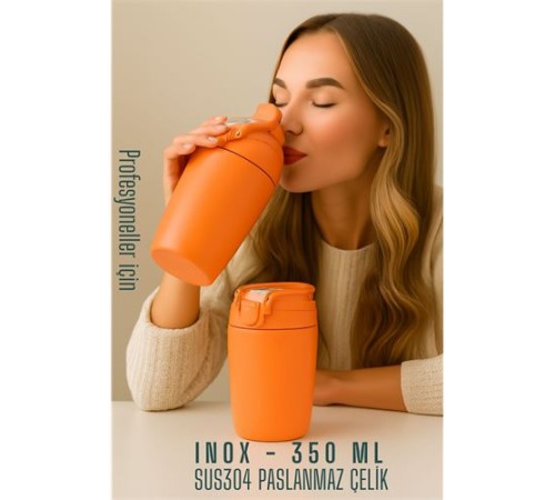 Inox Çelik Kahve Bardağı - 350 ml  SUS304 Çelik Termos Profesyonel TURUNCU