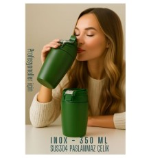 Inox Çelik Kahve Bardağı - 350 ml  SUS304 Çelik Termos Profesyonel YEŞİL