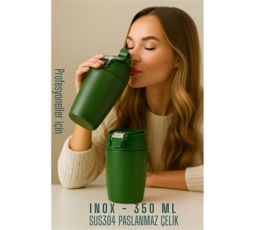 Inox Çelik Kahve Bardağı - 350 ml  SUS304 Çelik Termos Profesyonel YEŞİL