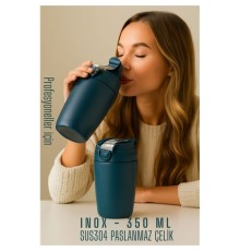 Inox Çelik Kahve Bardağı - 350 ml  SUS304 Çelik Termos Profesyonel MAVİ